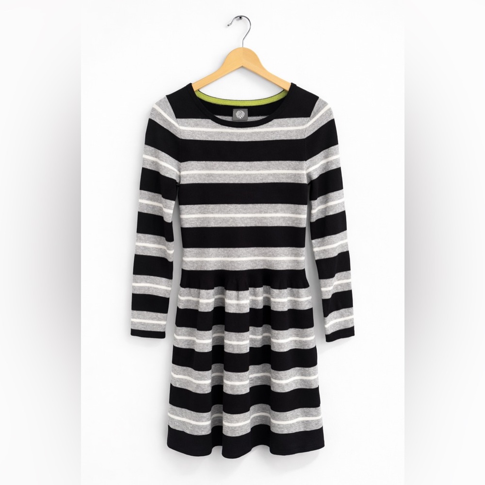 Vince Camuto Striped Fit & Flare Dress Women’s Medium Black Gray Long Sleeve